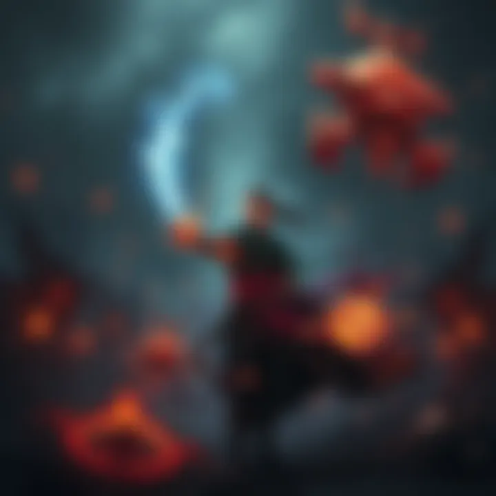 A mage with a solemn expression casting spells in a dark, chaotic battlefield, surrounded by defeated foes and a gloomy atmosphere.