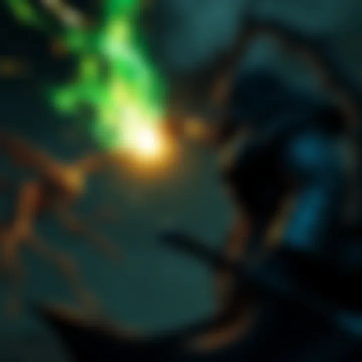 A character casting a glowing magic spell while battling a monster in a dark fantasy setting