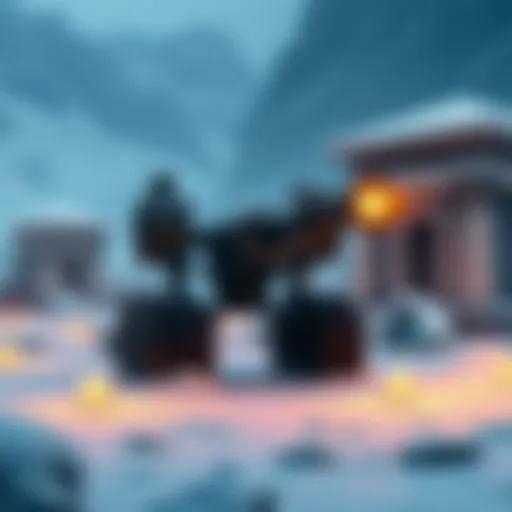 A powerful magic artillery piece surrounded by snow and ancient stone structures in a mausoleum setting
