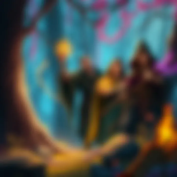 Magic Casters in a Fantasy World A group of diverse magic casters, including a wizard, cleric, and sorcerer, practicing spells in a vibrant, enchanted forest.