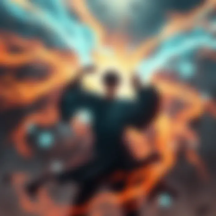 A vibrant scene showing a person using Awakening to enhance their magical abilities, surrounded by swirling energy and contrasting shadows from Ninjutsu.