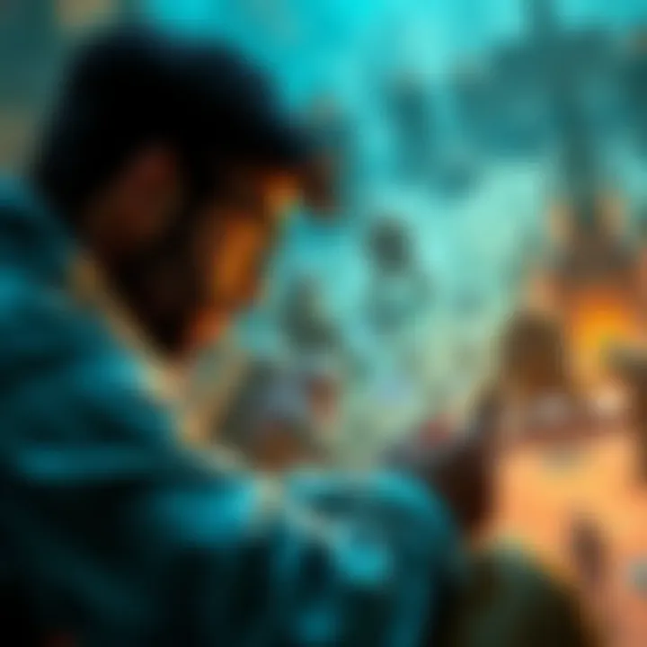 Magic the Gathering gameplay with a focus on combos A Magic the Gathering player intensely studying their cards while overlooking the game board, illustrating the concept of Combo Blindness