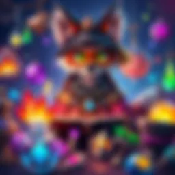 A colorful fox merchant surrounded by unique magical items, engaging with players in a fantasy setting.