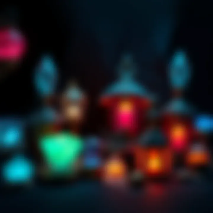 A collection of magical items including glowing crystals, enchanted lanterns, and protective charms in a dark setting