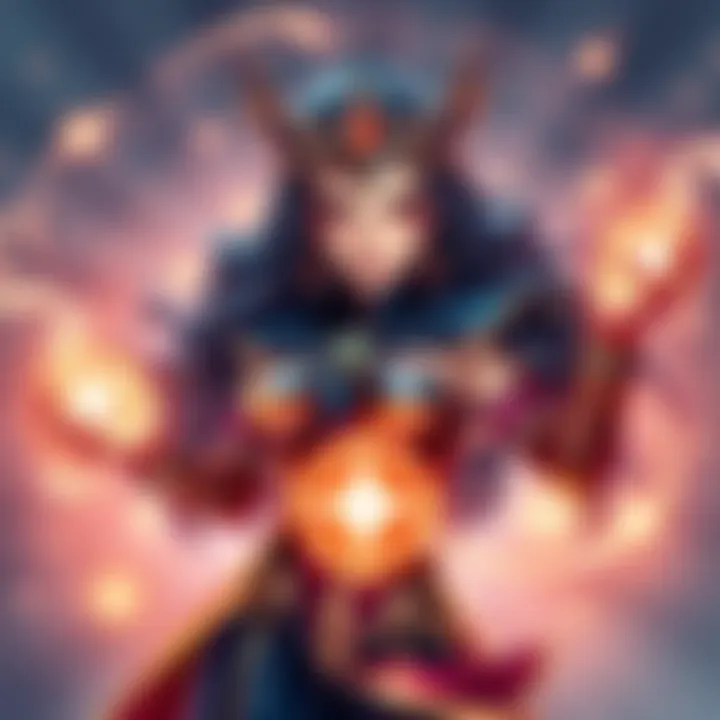 Magina character showcasing magical powers, surrounded by glowing arcana symbols