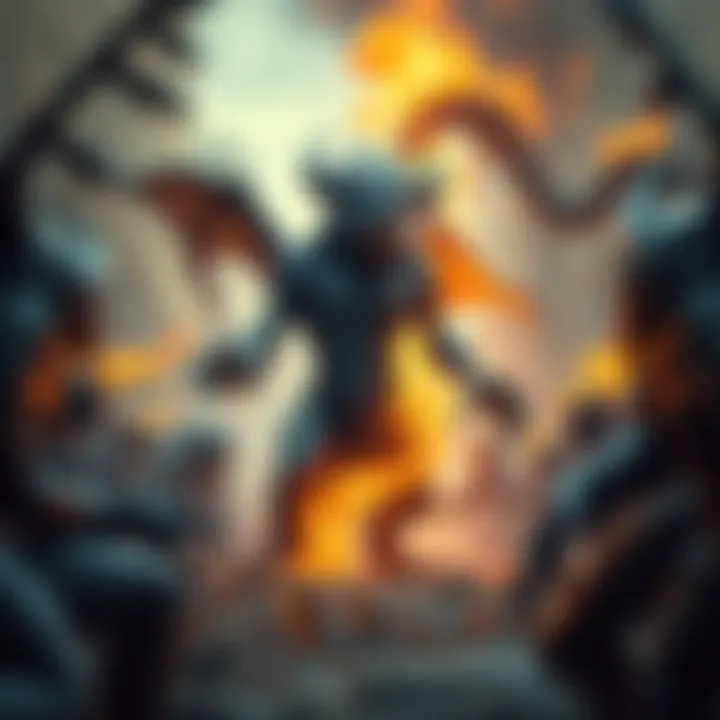 Magnamalo stands poised, surrounded by other monsters during a turf war, with hellfire visibly restrained, showcasing its strategic behavior.