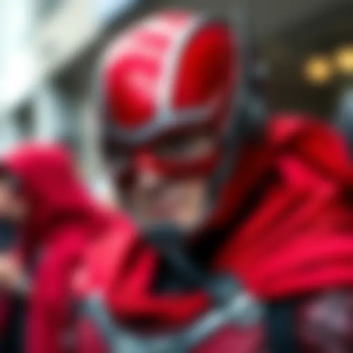 A fan dressed in a DIY Magneto costume featuring a red helmet and cape, showcasing budget-friendly design elements.