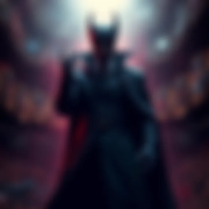 A dark, shadowy figure representing the main villain in a story, with a menacing posture and a confident stance.