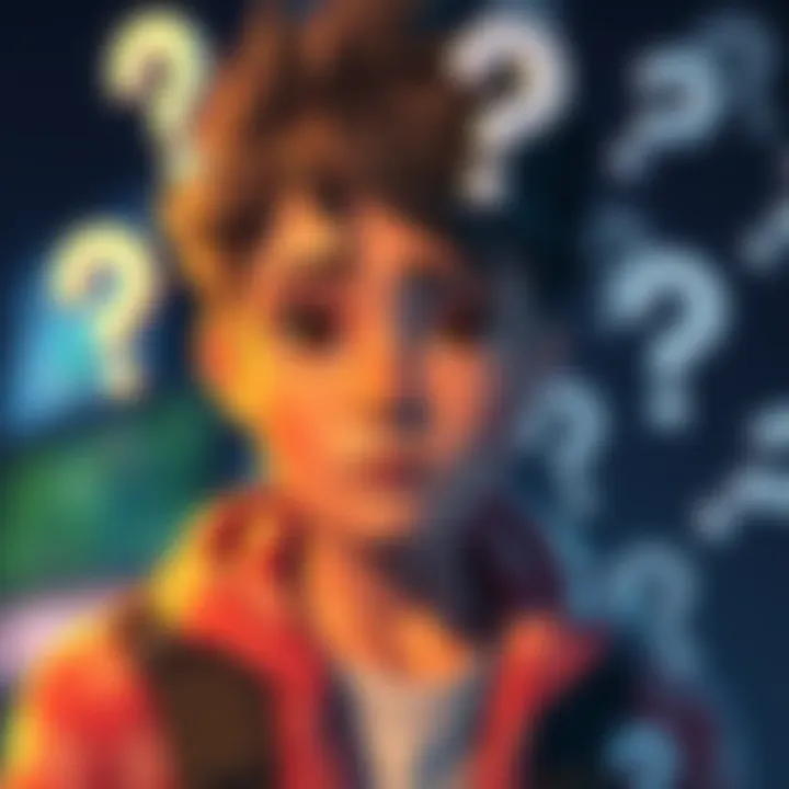 A young gamer character looking puzzled, surrounded by question marks, reflecting on their family background in a video game.