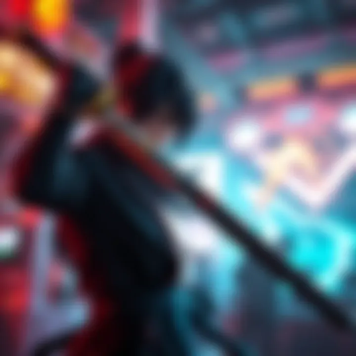 A character holding a katana in an action pose, ready for battle in a vibrant gaming environment.