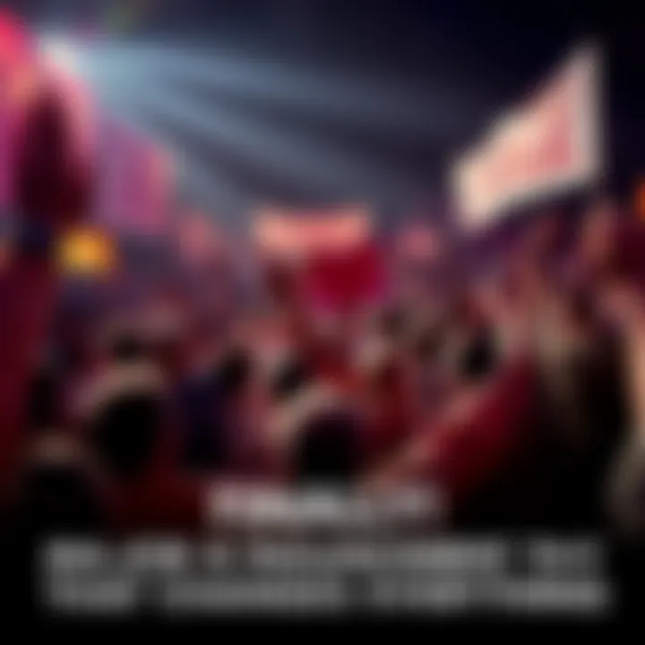 A group of excited people gathering to hear a big announcement, with banners and signs indicating change.