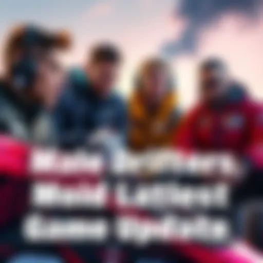 A group of male drifters discussing gameplay strategies and changes after a recent game update