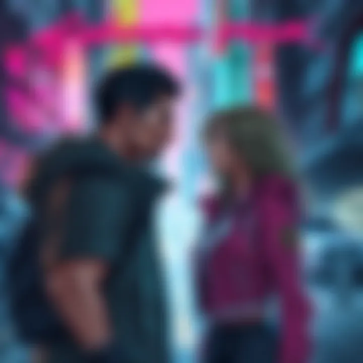 Male character V interacting with female character Judy in a futuristic city setting