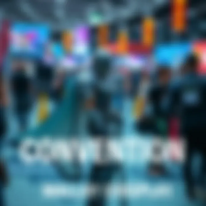 A person dressed as Malenia, wearing a detailed costume with intricate armor and a flowing cape, engaged with fellow fans at a colorful convention backdrop.