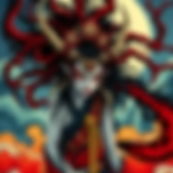 Ukiyo-e artwork of Malenia, a fierce figure with intricate details symbolizing beauty and horror, set against a vibrant background