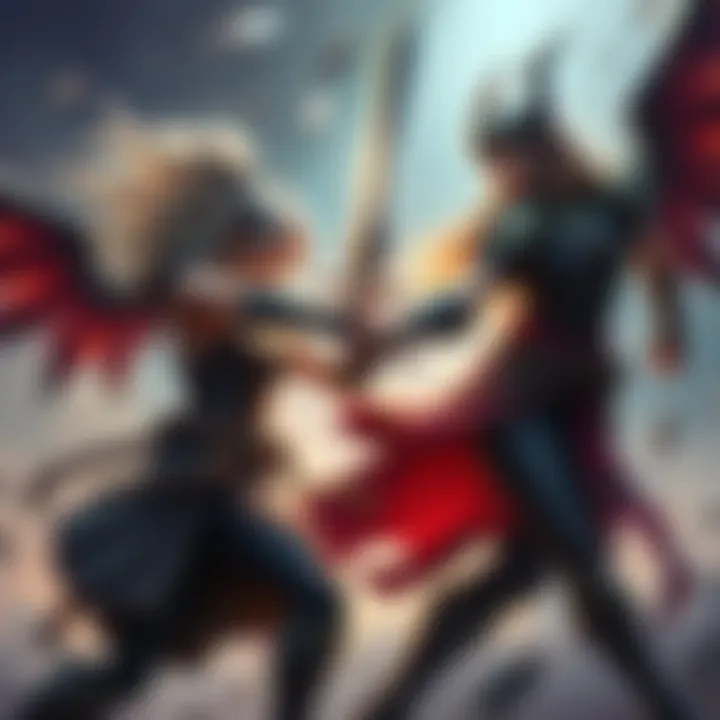 Malenia and Radahn in Battle Malenia swings her blade at Radahn as they clash in a fierce duel, showcasing their fighting styles in the battlefield of Caelid.