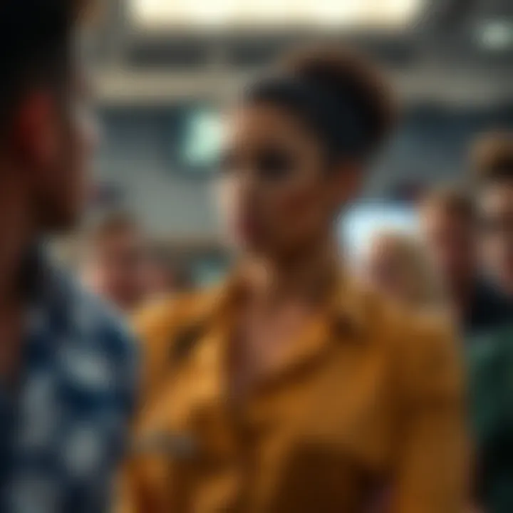 Malenia stands confidently with a determined expression, addressing a group of supporters who appear concerned about her statement. The scene captures a moment of tension and decision-making.