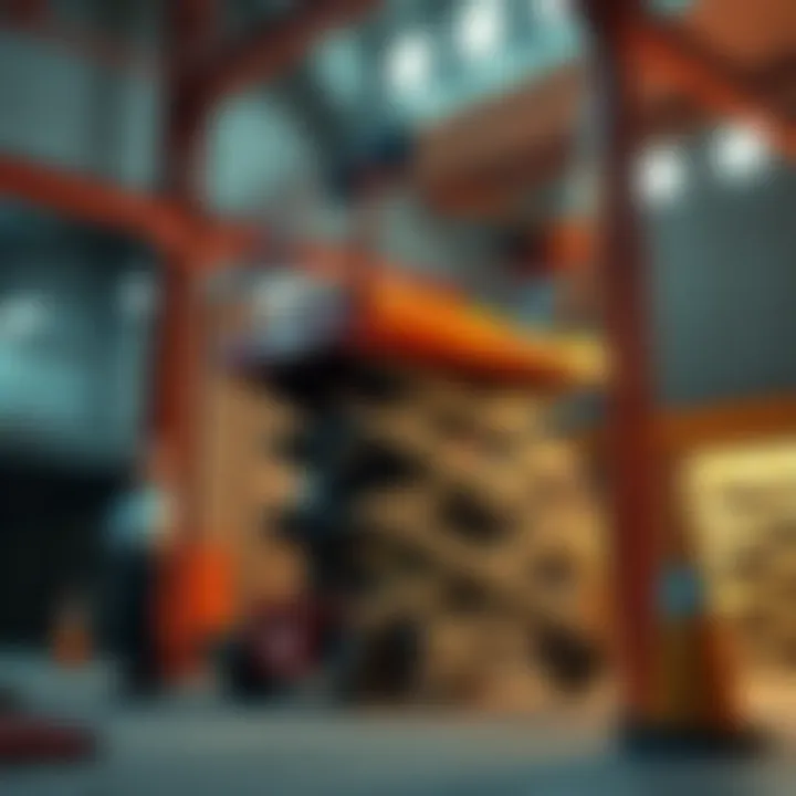 A stuck scissor lift in a construction area with workers looking concerned