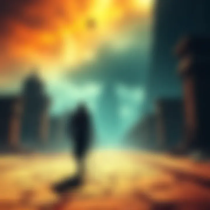 Maliketh walking towards Farum Azula, surrounded by a mysterious atmosphere and ancient structures