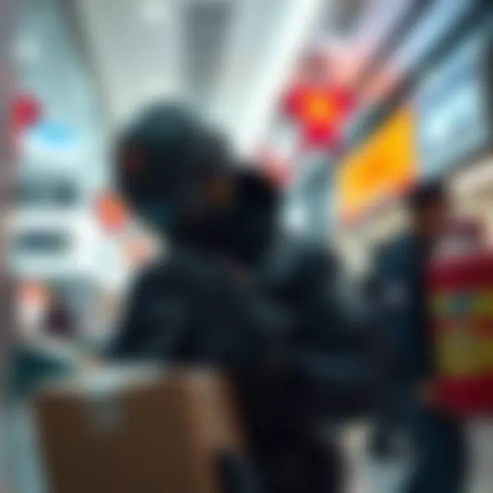 Mall Bomb Disarm Procedure A bomb technician carefully examines a suspicious package in a mall setting while ensuring safety protocols are followed.