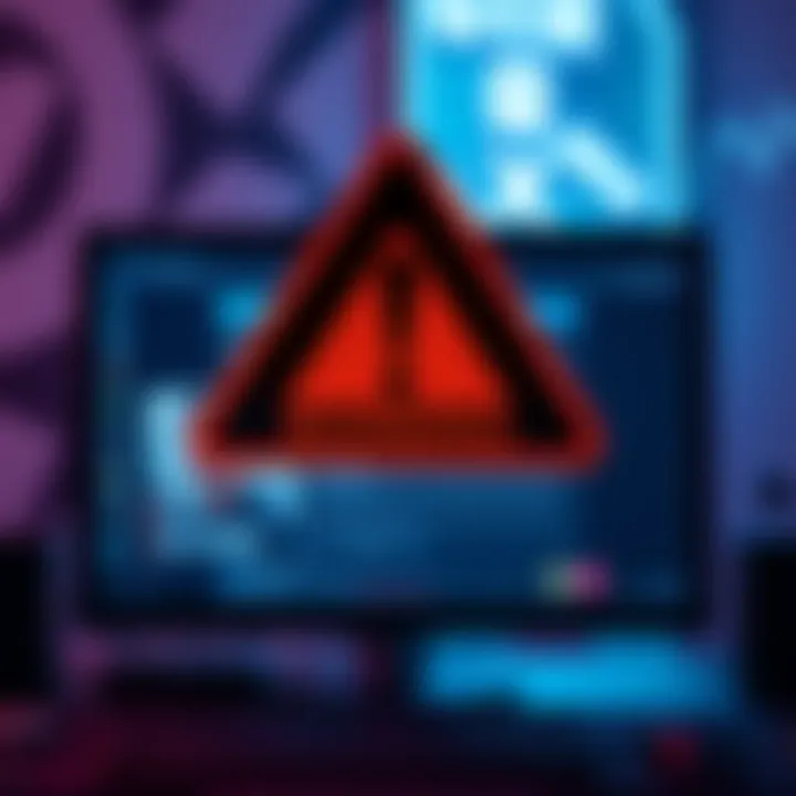 A warning sign over a computer screen displaying a GTA 6 file download, alerting users about malware risks