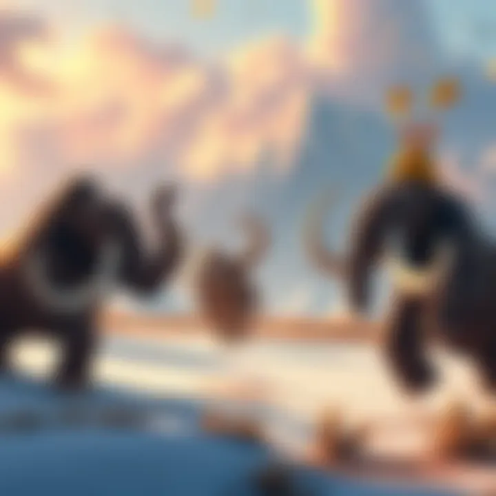 Cartoon mammoths dancing joyfully to music, resembling a scene from Ice Age 2, surrounded by a vibrant landscape.
