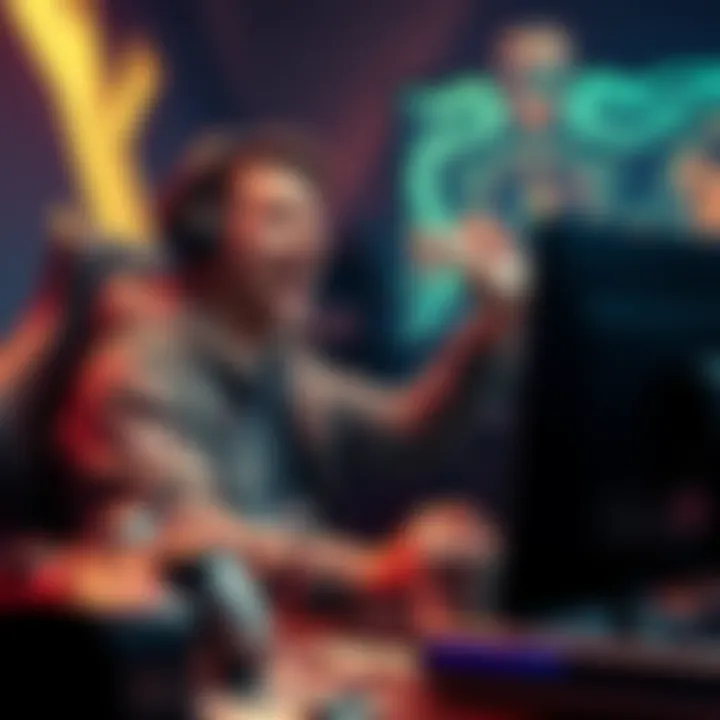 A grown man excitedly purchasing NeiR skins while sitting at a computer, surrounded by gaming gear and cash.