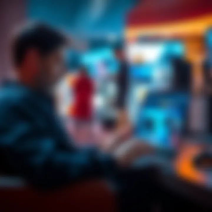 Man checking a used video game console online A man browsing a marketplace on his laptop, looking at a used video game console listing