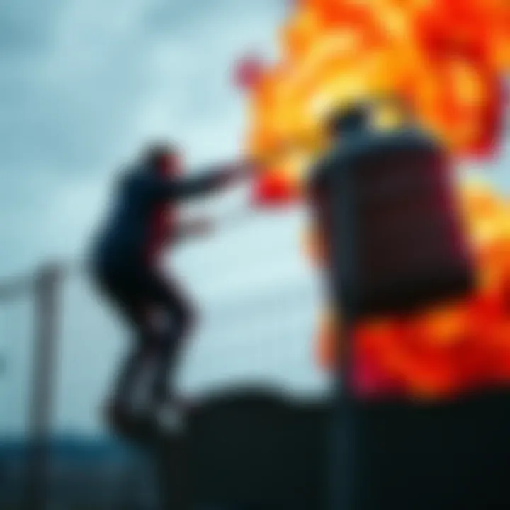 Man climbing a fence with a propane tank nearby A man attempts to climb a fence while a propane tank explodes in the background