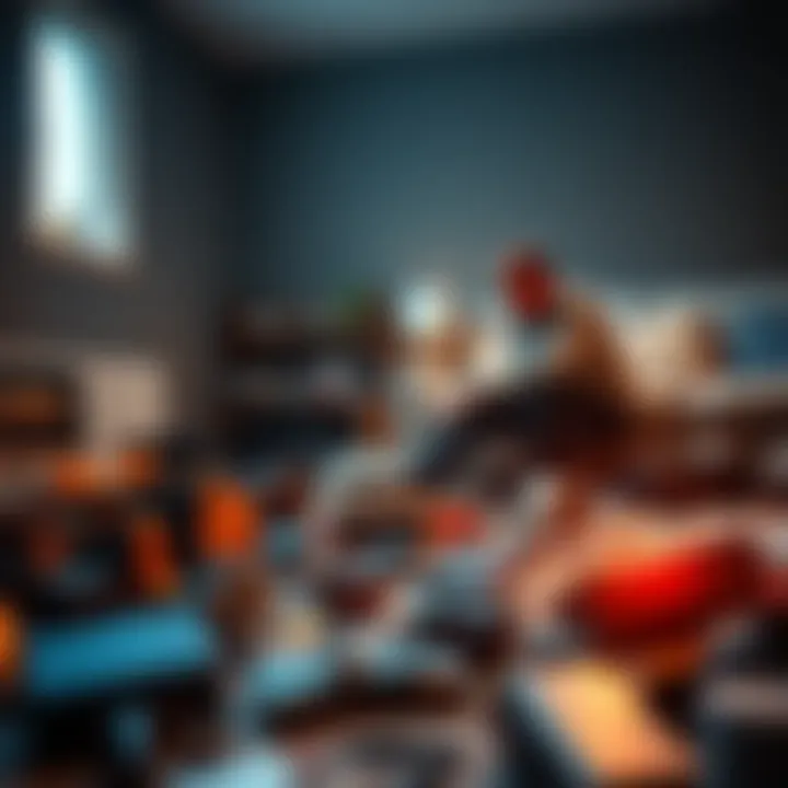 A distraught man staring at his broken essential equipment scattered on the ground, showing the emotional aftermath of a chaotic situation at home.