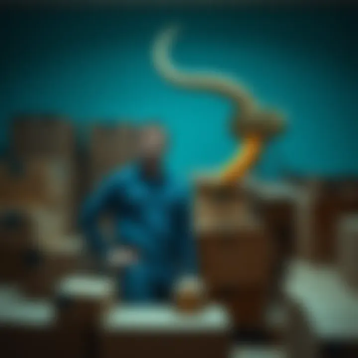 A man stands among cardboard boxes, looking sad as he searches for a missing Gjallarhorn replica, a cherished gift from his wife.