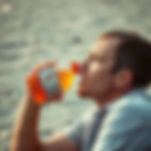 A man tasting an old Gatorade bottle he found on a sandy beach, looking curious and cautious.