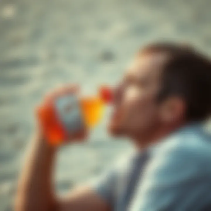 A man tasting an old Gatorade bottle he found on a sandy beach, looking curious and cautious.