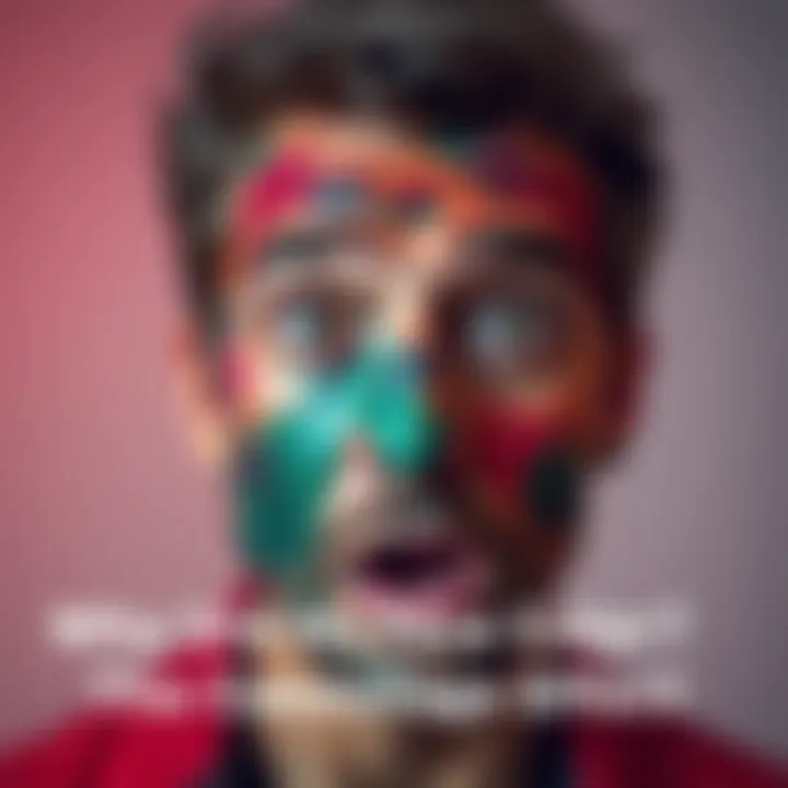 A man with a surprised expression as his face changes color, resembling camouflage.