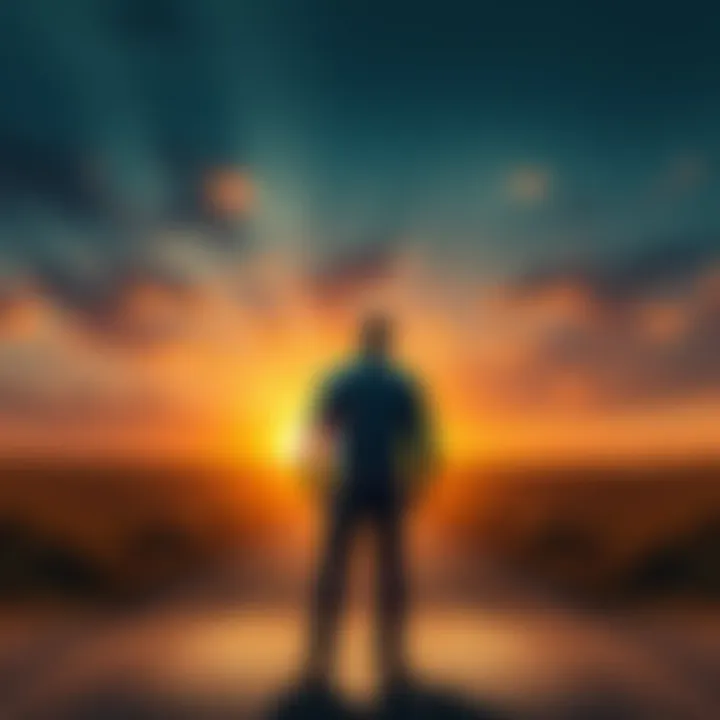 A grown man standing on a path, looking towards a distant horizon, symbolizing personal growth and resilience.