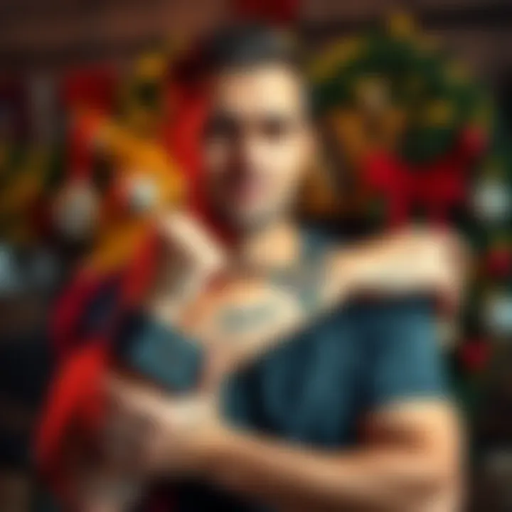 A man proudly displaying a new tattoo on his arm, symbolizing love and connection, with festive decorations in the background.