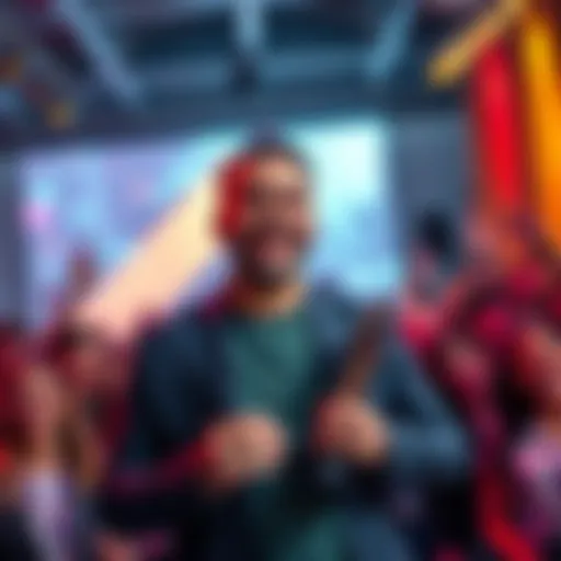 A man smiling while holding an Aegis award with a supportive crowd in the background