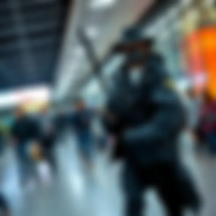 A man wearing an all-black ensemble, holding a baton, standing in a public space, attracting attention from passersby