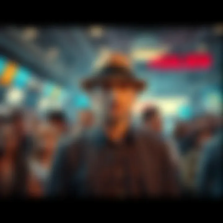 A man wearing a fedora stands in a crowded room, looking confused as people react to a call for him. The scene captures a humorous moment of surprise and laughter.