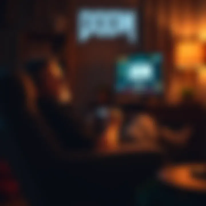 A man sits comfortably in a chair, holding a game controller and focused on a screen showing the game Doom. The room is dimly lit, creating a cozy atmosphere.