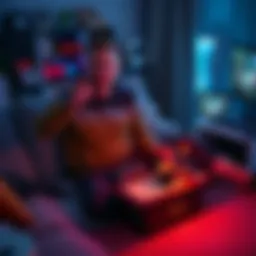 Man playing on a Steam Deck Person relaxing on a couch while gaming on a Steam Deck, surrounded by snacks and a drink, after work
