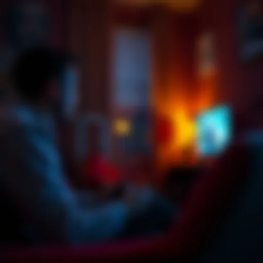 A man sitting in a dimly lit room, focused on a video game controller, with a Grand Theft Auto scene on the screen, reflecting his escape from reality during tough times.