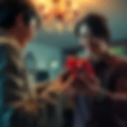 A man smiles as he opens a birthday gift of Silent Hill 2 for PS2 from his girlfriend. The scene shows excitement and affection in their relationship.