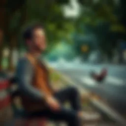A man sitting on a park bench, smiling and pondering life with a chicken crossing the road in the background.
