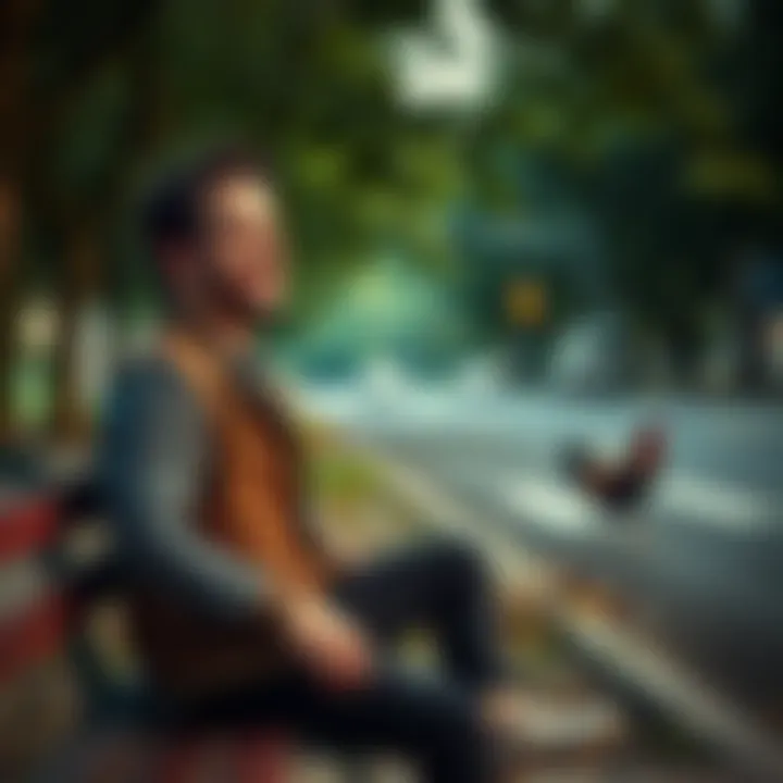 A man sitting on a park bench, smiling and pondering life with a chicken crossing the road in the background.