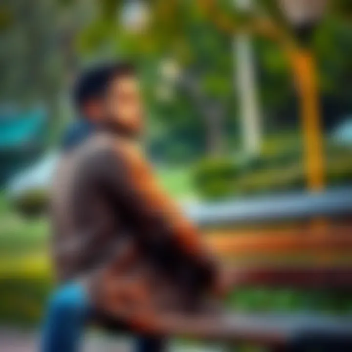 A thoughtful man sits on a park bench, looking contemplative about modern masculinity, surrounded by nature.