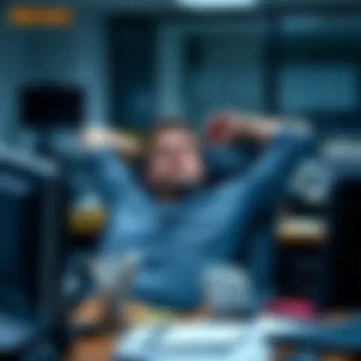 A man leaning back in his office chair with a casual expression, showing indifference to his tasks while surrounded by a cluttered desk.