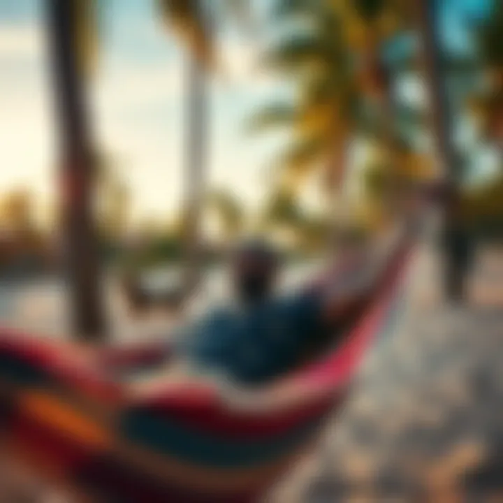 A relaxed man enjoying chill vibes in a hammock under palm trees