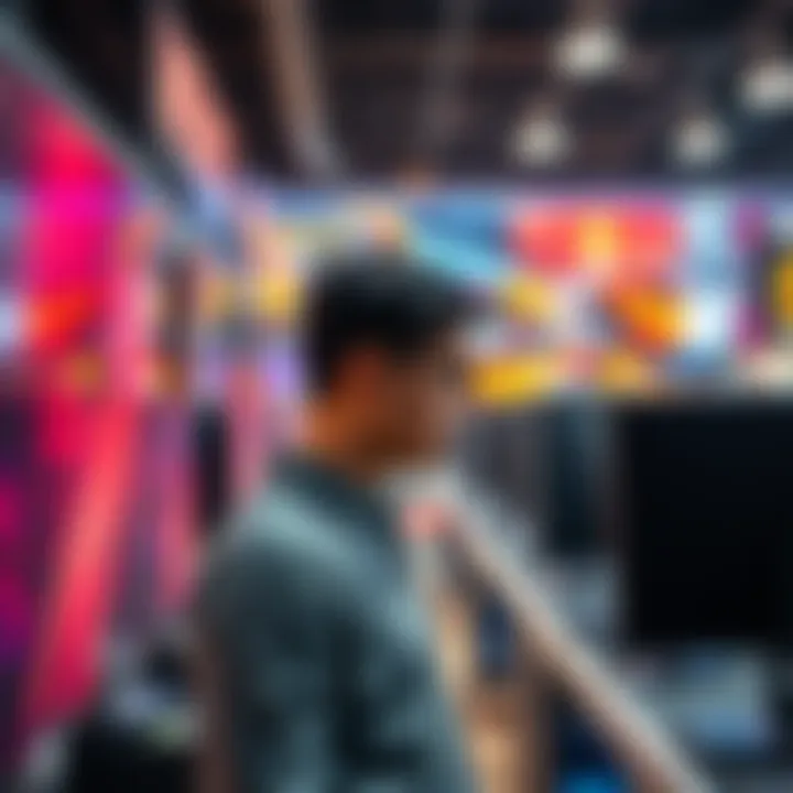 A person examines different gaming monitors in a store, looking for the right one for their RTX 4070 Super