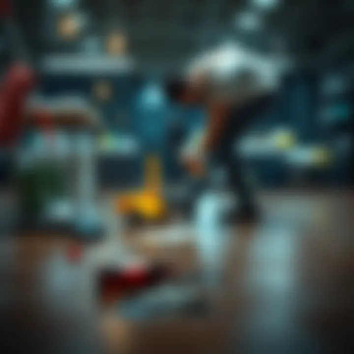 A man pours his drink onto the floor while a worker cleans nearby, leaving a bottle behind.